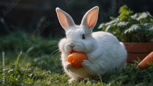 Playful White Bunny with Carrot in Funny Outdoor Momen photo