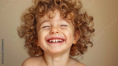  A tight shot of a kid's curly-haired face, toothbrush in mouth