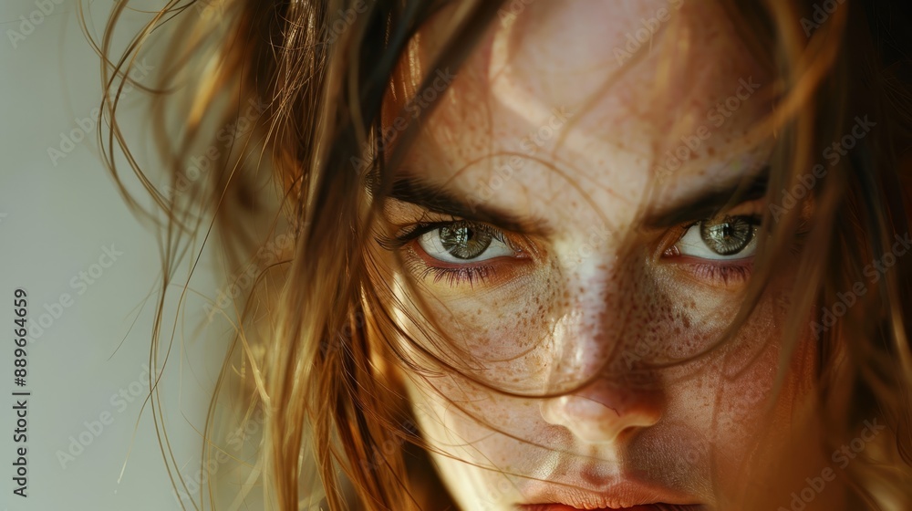 A close-up of a woman's face with freckled skin on her hair and eyes A close-up of a woman's face with freckled skin on her hair and eyes