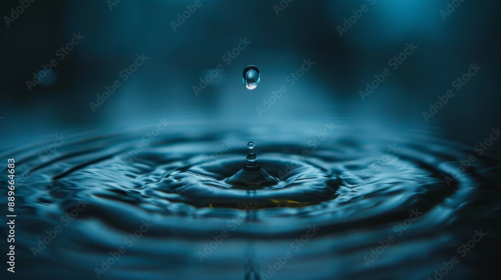 A tight shot of a water droplet above a black backdrop, with another smaller droplets at its base suspended in a pool of water A tight shot of a water droplet above a black backdrop, with another smaller droplets at its base suspended in a pool of water