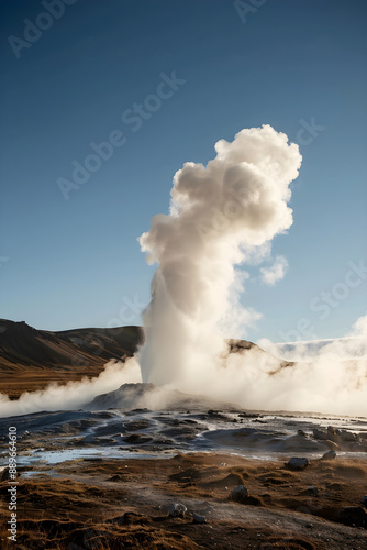 Majestic Geyser Eruption Displaying Nature's Raw Geothermal Power Amidst a Rugged, Pristine Landscape