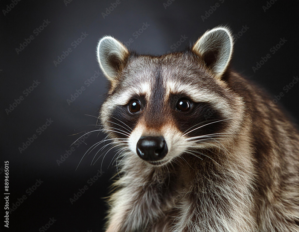 Obraz premium A close-up of a raccoon’s face with detailed fur texture and a curious expression