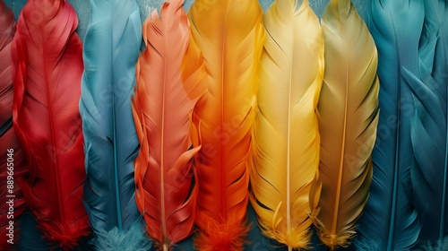  A line of vibrant feathers – red, orange, yellow, and green – arranged beside each other against a blue backdrop