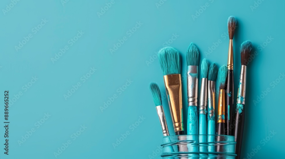 A cup, brimming with multiple brushes, sits atop a blue surface One brush protrudes from the cup's rim A cup, brimming with multiple brushes, sits atop a blue surface One brush protrudes from the cup's rim