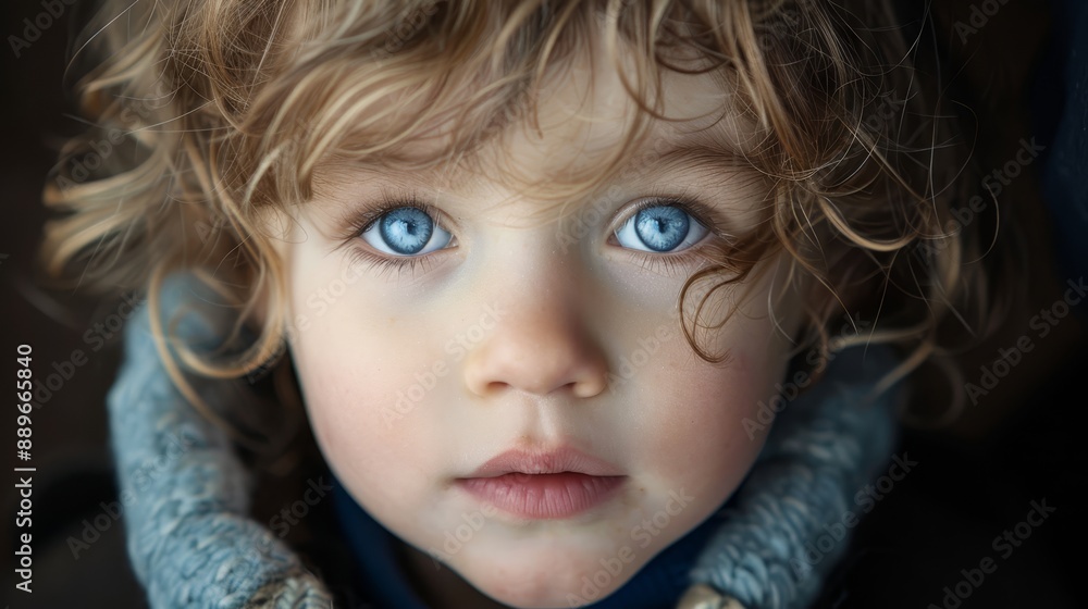 A tight shot of a child's face, covered by a scarf at the neck, revealing one blue eye A tight shot of a child's face, covered by a scarf at the neck, revealing one blue eye