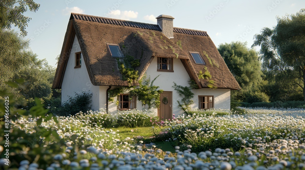 A white house with a thatched roof is situated amidst a field of blue and white flowers Trees line the background A white house with a thatched roof is situated amidst a field of blue and white flowers Trees line the background