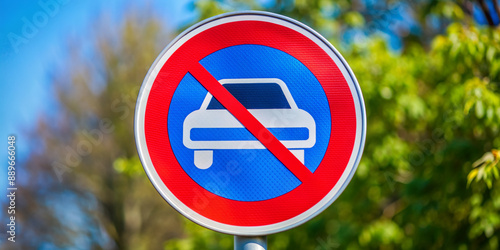 A blue street sign with a bold white graphic of a car and a red circle-slash symbol, indicating a dangerous area where driving is not allowed ahead. photo