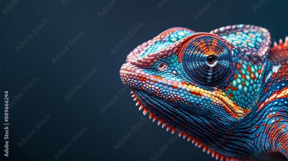 A tight shot of a chromatic chameleon's head against a black backdrop, encircled by a blue halo A tight shot of a chromatic chameleon's head against a black backdrop, encircled by a blue halo
