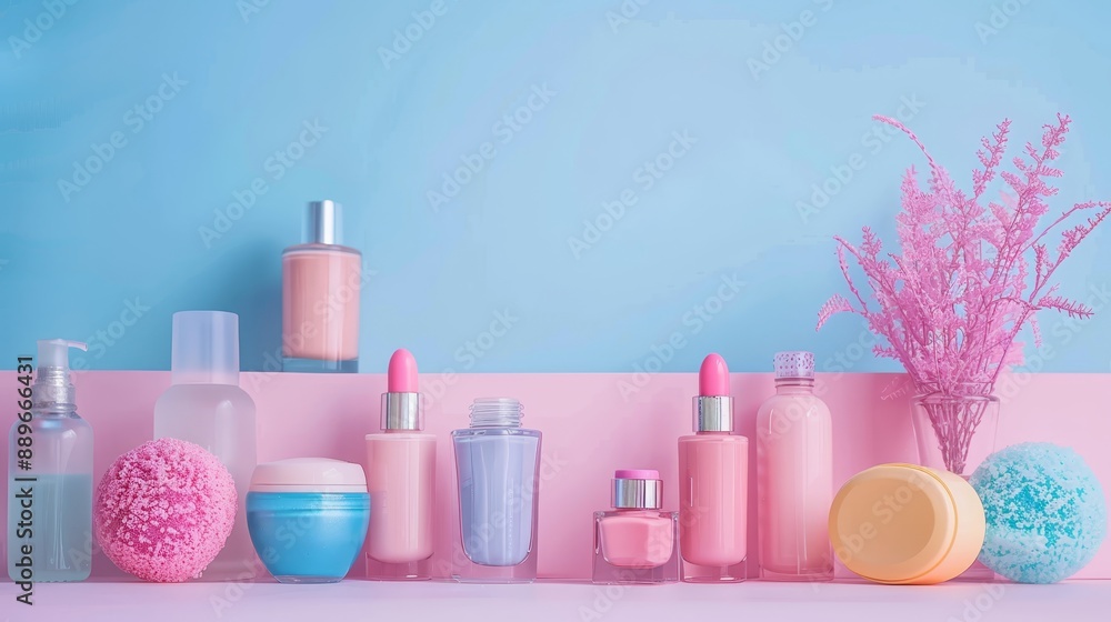 A pink-and-blue shelf adorned with various skin care items and a vase brimming with pink and blue blooms A pink-and-blue shelf adorned with various skin care items and a vase brimming with pink and blue blooms