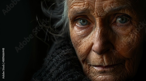  A tight shot of an elderly woman's creased face, displaying numerous wrinkles around the eyes and mouth, as well as on her shoulders © Jevjenijs
