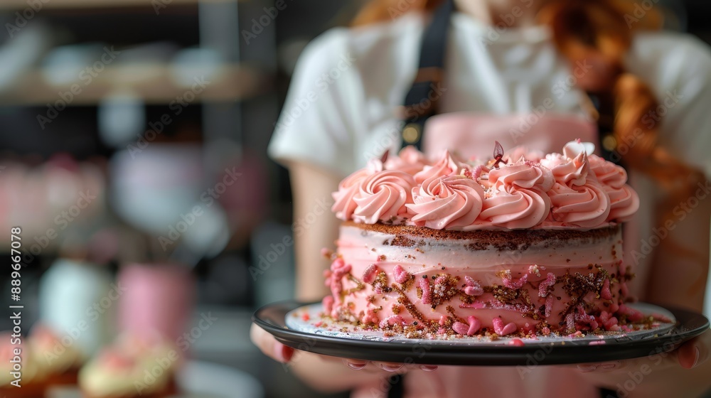 the dessert features pink frosting and colorful sprinkles atop a plate the dessert features pink frosting and colorful sprinkles atop a plate