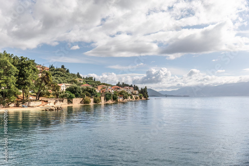 Cruise from Nidri port in Lefkada or Lefkas Greek island, Ionian Sea near Preveza. Summer vacation on boat, cloudy sky