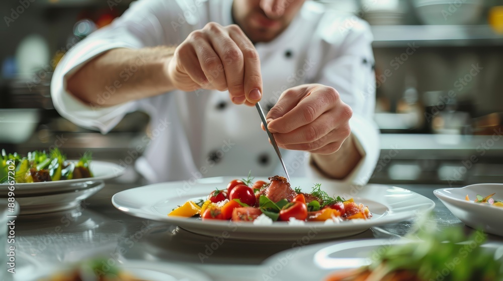 A chef man handles a salad on a plate, using a knife to chop and a fork for stability A chef man handles a salad on a plate, using a knife to chop and a fork for stability