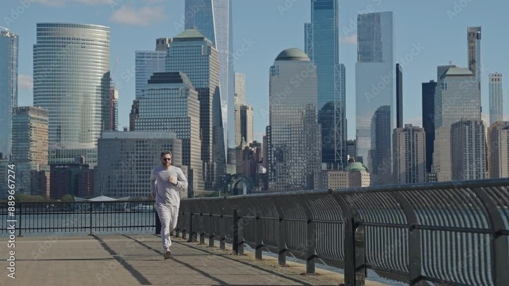 Man in sports suit training. Running man in Manhattan. Copy space. Morning sport workout jogger run in NY. The jogger run at sport training. Sportsman jogger running. Running and jogging workout Man in sports suit training. Running man in Manhattan. Copy space. Morning sport workout jogger run in NY. The jogger run at sport training. Sportsman jogger running. Running and jogging workout