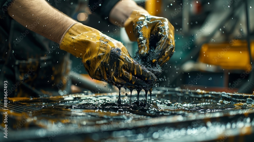 A person in yellow gloves washes an item in a metal pan on a conveyor belt Another person, dressed in a black shirt and holding a yellow glove, stands nearby A person in yellow gloves washes an item in a metal pan on a conveyor belt Another person, dressed in a black shirt and holding a yellow glove, stands nearby