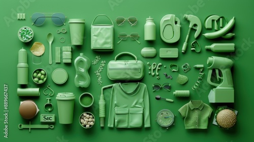 Collection of various green objects arranged neatly, including everyday items and accessories, showcasing a monochromatic green theme.