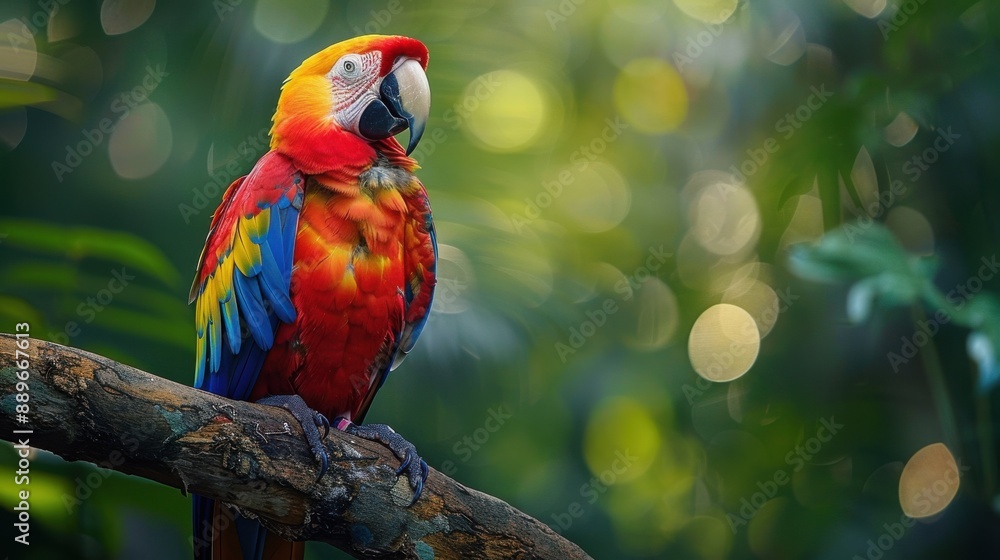 A vibrant blue and yellow macaw perched on a branch in a lush, sunlit forest. A vibrant blue and yellow macaw perched on a branch in a lush, sunlit forest.