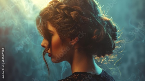  A painting of a woman's profile with a tight bun atop her head and smoke swirling behind