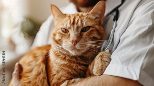  A tight shot of a person cradling a cat while placing a stethoscope on its left forepaw photo