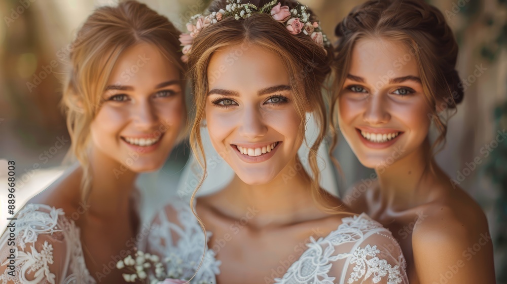 Three women, each wearing a flower crown, stand before a wall Three women, each wearing a flower crown, stand before a wall