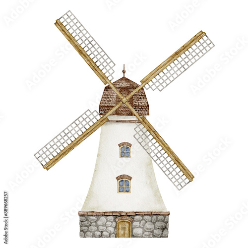 Windmill watercolor illustration. Drawing of old rustic tower with blades for flour production. Old vintage building in pastel colors. Painting of wind mill for harvest festival. photo