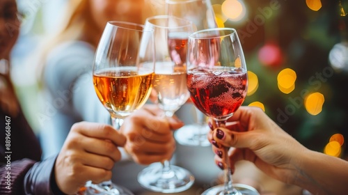  A group of people raising wine glasses before a lit Christmas tree