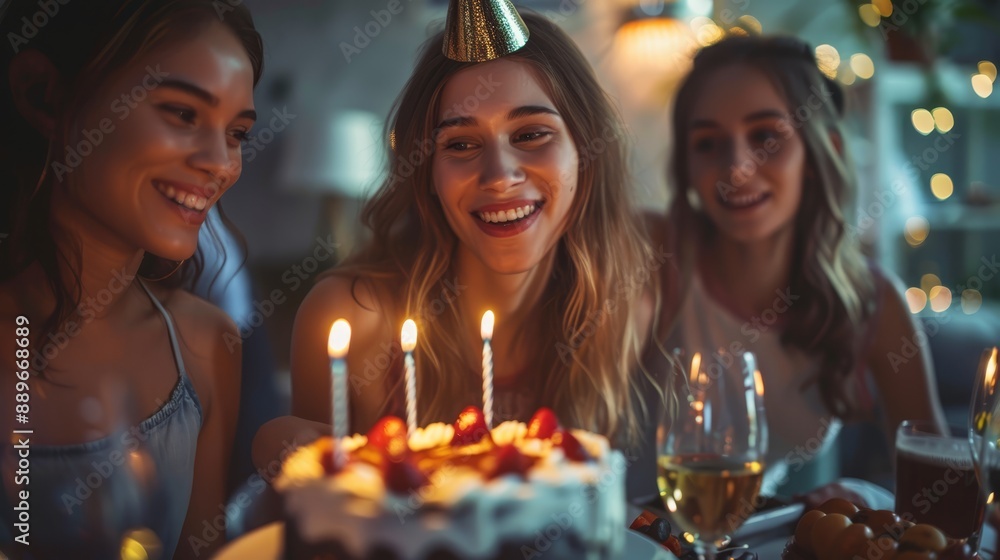 Women gathered around a table, cake adorned before them, candles aglow atop Women gathered around a table, cake adorned before them, candles aglow atop