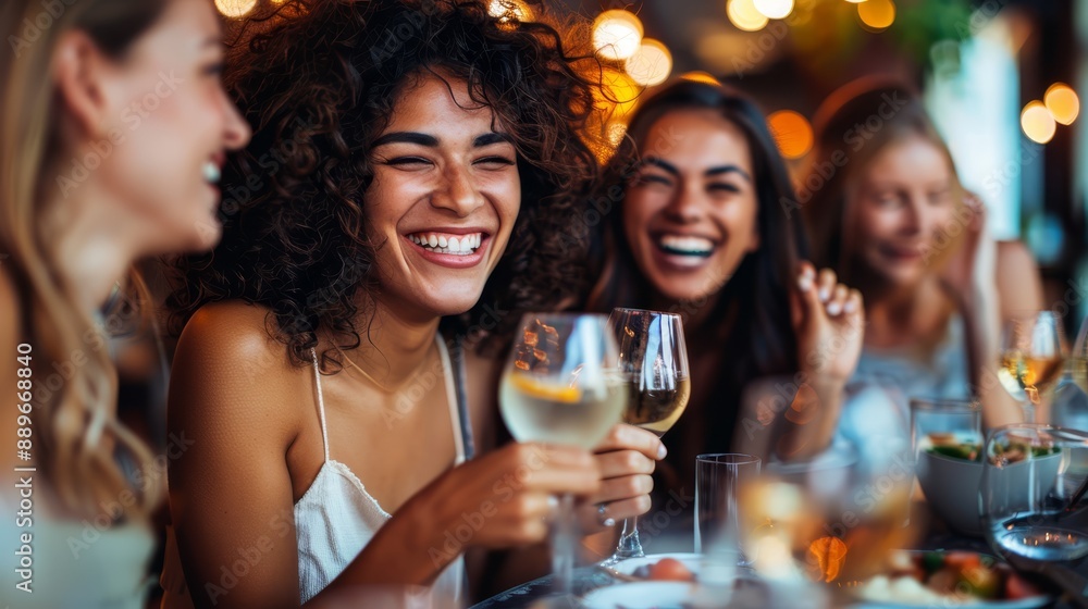 A group of young women, grinning at the camera, surrounding a table laden with wine glasses A group of young women, grinning at the camera, surrounding a table laden with wine glasses