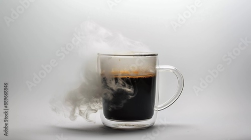 smooky black coffee in a glass cup in white background realistic photography photo