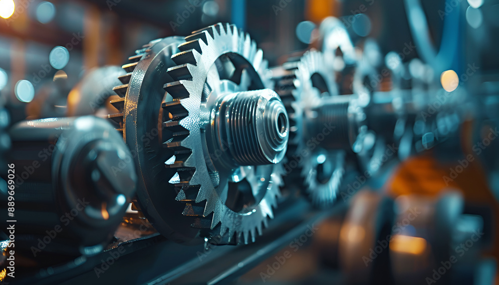 Fototapeta premium Engineering machinery mechanism, industrial gear or cogwheel technology engine equipment, factory business manufacturing design concept, steel transmission part connection