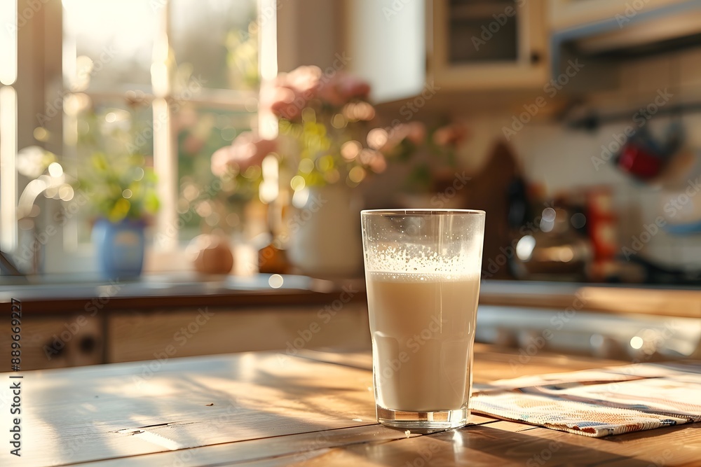 Sunlit Kitchen with a Glass of Milk on Wooden Table Sunlit Kitchen with a Glass of Milk on Wooden Table