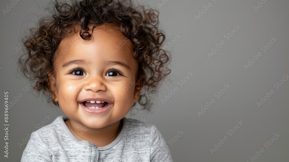 A tight shot of a child's smiling face, framed by curly locks A tight shot of a child's smiling face, framed by curly locks