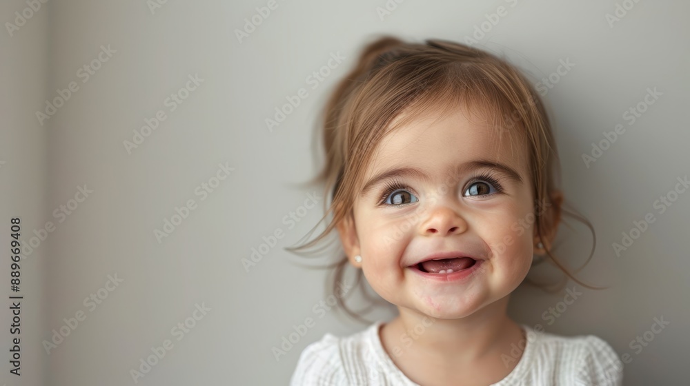 A child's face, close-up, smiles against a gray wall backdrop A child's face, close-up, smiles against a gray wall backdrop