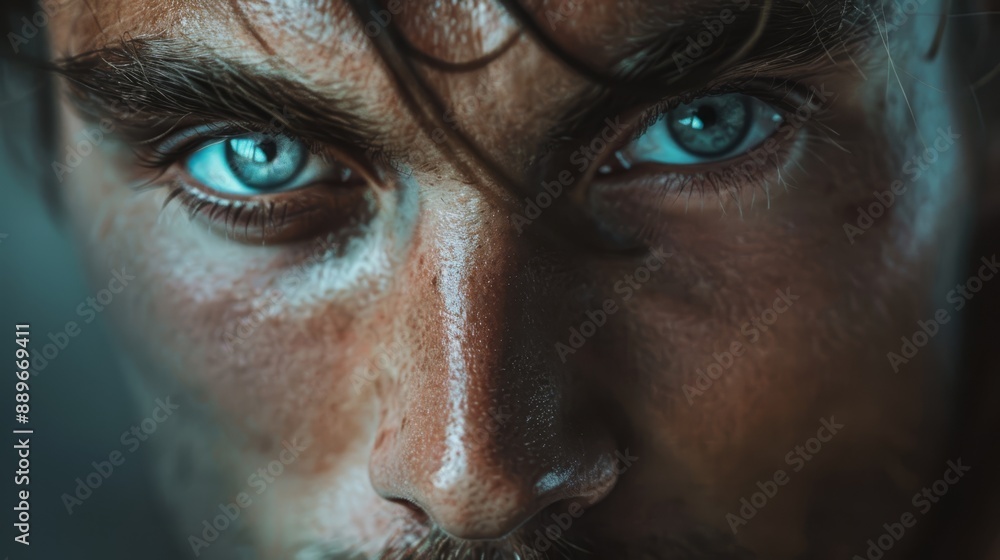 A tight shot of a man's face featuring blue eyes and a mustache A tight shot of a man's face featuring blue eyes and a mustache