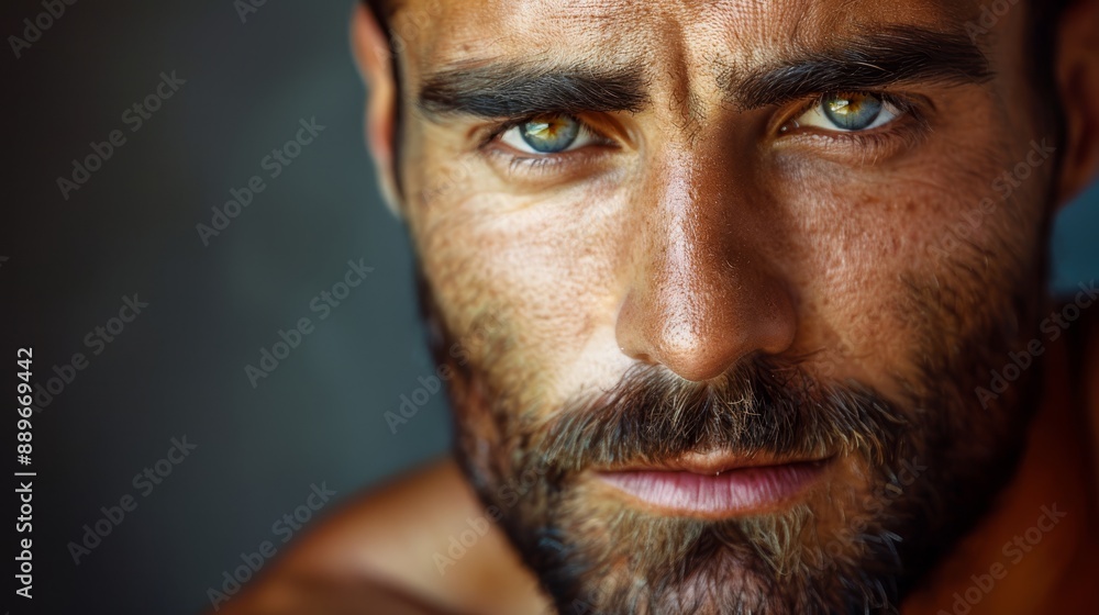 A tight shot of a man's face, displaying a goatee beneath his chin A tight shot of a man's face, displaying a goatee beneath his chin