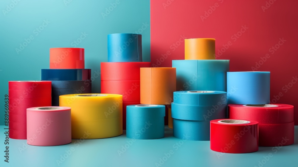 A stack of multicolored tape rolls on a blue-and-red floor, adjacent to a red-and-blue wall A stack of multicolored tape rolls on a blue-and-red floor, adjacent to a red-and-blue wall