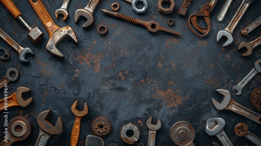 A circle of wrenches and other tools atop a weathered metal surface, rusted in places A circle of wrenches and other tools atop a weathered metal surface, rusted in places