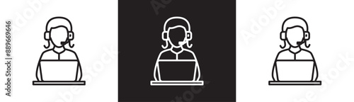 Woman admin icon at laptop, line icon of administrator, employee, customer service, support service and telemarketing, office work vector illustration on black and white and transparent background.