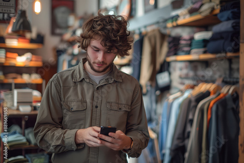 A Young Entrepreneur Manages His Business While Checking His Smartphone in His Retail Clothing Store