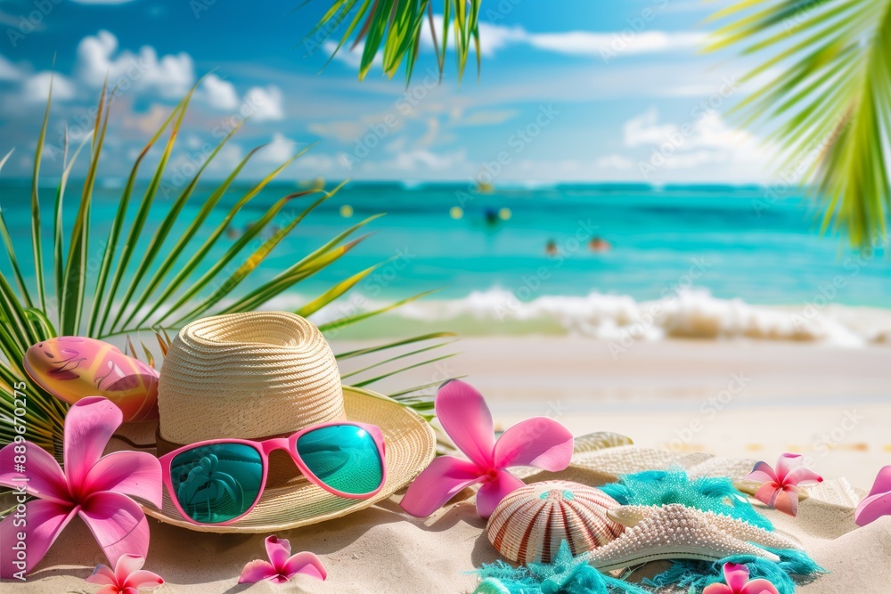 Tropical beach with sunbathing accessories summer holiday Tropical beach with sunbathing accessories summer holiday