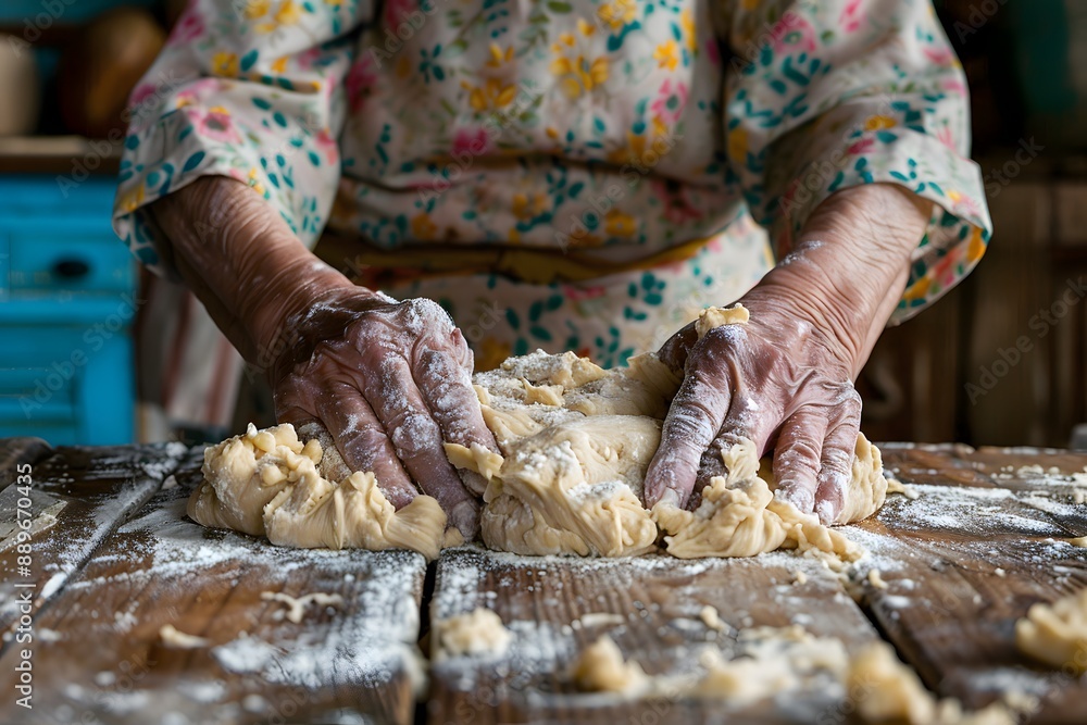 Hands Kneading Dough on a Rustic Wooden Table