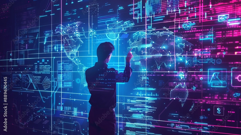 Big data technology and data science A data scientist querying analyzing and visualizing complex data sets on a virtual screen Data flow concept featuring neural networks artificial Big data technology and data science A data scientist querying analyzing and visualizing complex data sets on a virtual screen Data flow concept featuring neural networks artificial