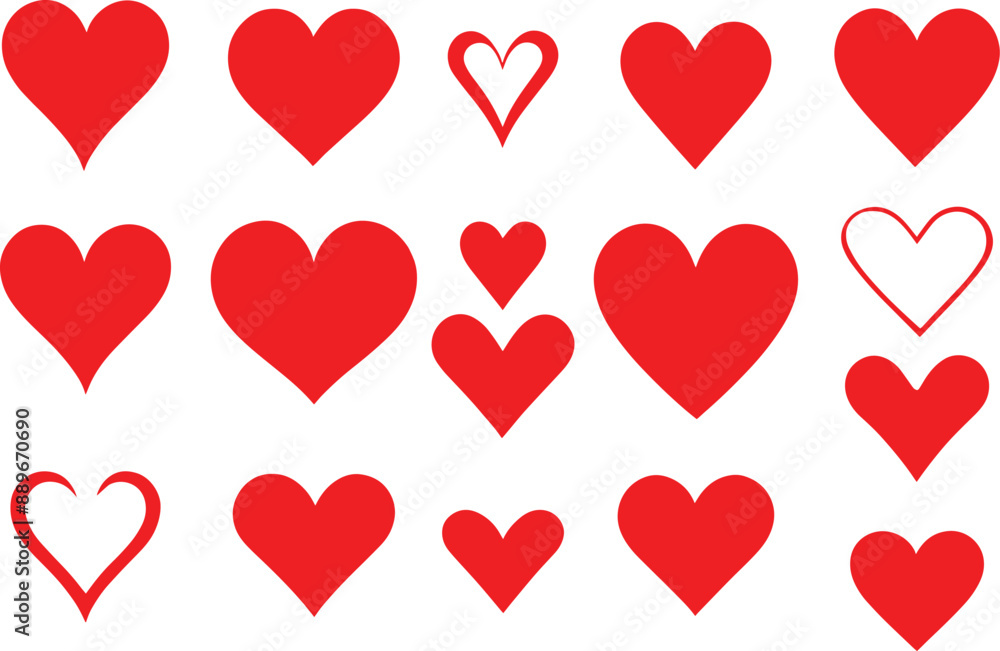 Set of red hearts, Heart, love, romance or valentine's day red heart. Heart vector icons. Artistic red heart love symbols isolated editable vector.	