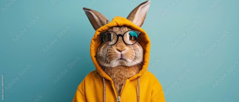 Fototapeta premium A fashionable rabbit wearing glasses and a yellow hoodie against a blue background, exuding style and anthropomorphic charm.
