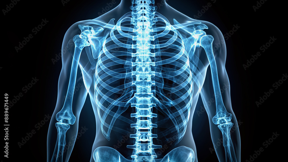 Detailed X-ray image of human spine showing vertebrae, discs, and ...