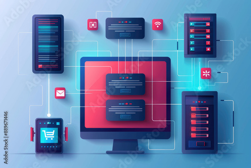 Explore a detailed flat design illustration showcasing the TCP/IP model network protocols with various devices. Ideal for tech-related projects.