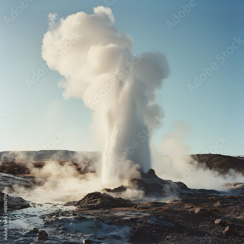 Majestic Geyser Eruption Displaying Nature's Raw Geothermal Power Amidst a Rugged, Pristine Landscape