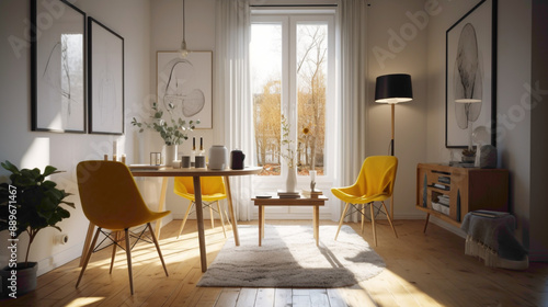 Seek solace and comfort in a cozy Scandinavian setting with two chrs, a central table, and an empty canvas agnst a backdrop of sunny yellow. photo