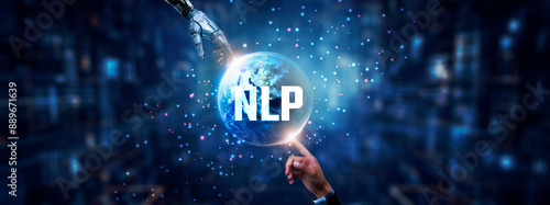 Quadro su tela Hands of robot and human touching on NLP icon global network connection, language translation, chatbot development, sentiment analysis, and artificial intelligence technology