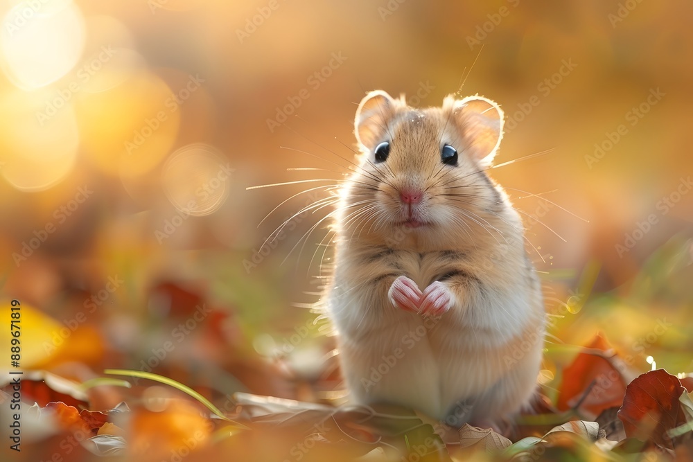 Adorable Hamster in Autumn Leaves with Golden Sunlight Adorable Hamster in Autumn Leaves with Golden Sunlight